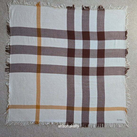 NWOT Burberry Merino Wool Square Scarf with Fringe Tan Brown & Cream - Picture 2 of 14